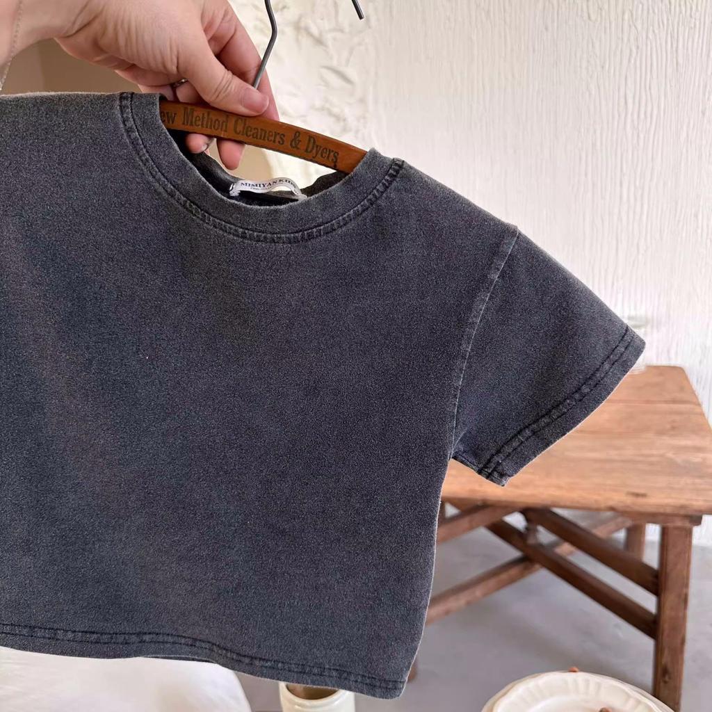 Washed Black Retro Distressed Short-Sleeve T-Shirt for Kids, Pure Cotton, Stylish for Boys and Girls