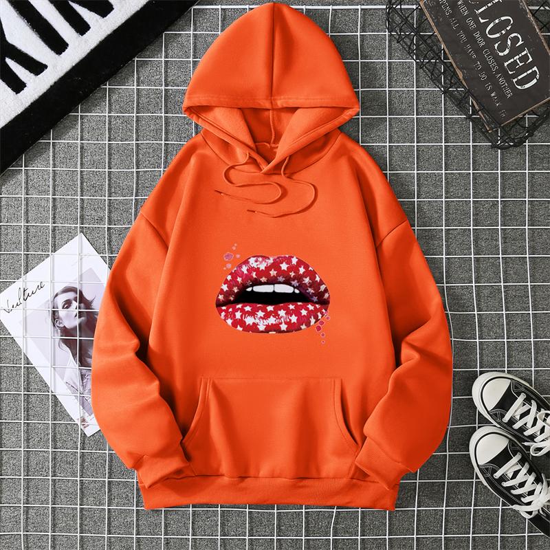 Loose Long Sleeve Women's Hoodie Lip Print Trendy plus Size Cross-Border Pattern Crew Neck Regular Length Girl Style