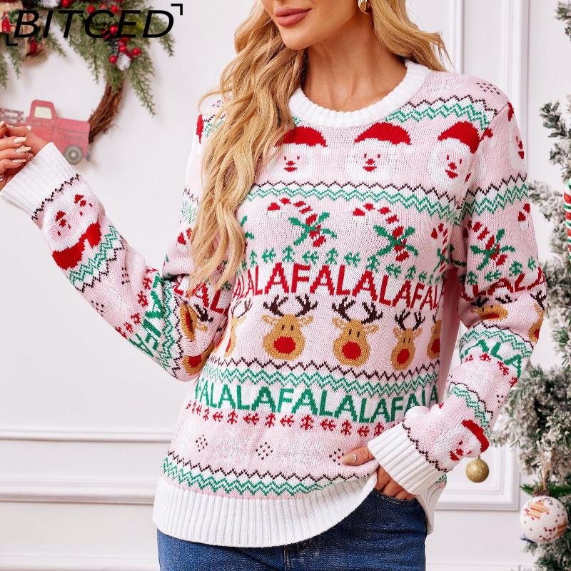 BITCED Pink Sweet Knitted Sweater for Women Autumn/Winter Christmas Pullover Long-Sleeved Jacquard Christmas Sweater