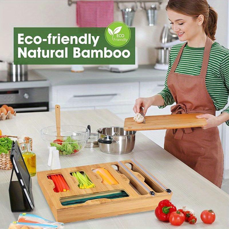 1pc 6 types of grids Plastic Organizer Kitchen Storage Box,Ziplock Bag Organizer&Foil&Plastic Wrap Dispenser With Cutter Bamboo.