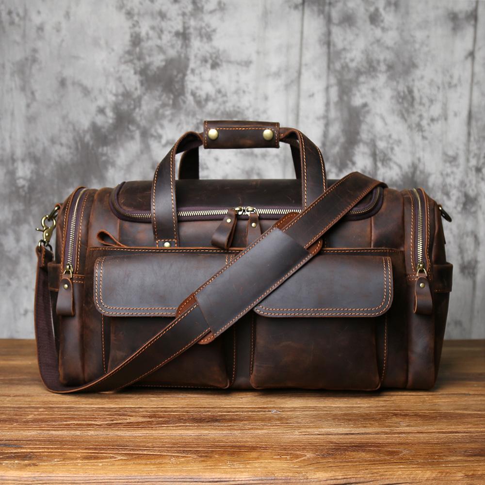 

NZPJ Retro Men s Genuine Leather Travel Bag Crazy Horse Leather Large Capacity Crossbody Top-Grain Leather Handbag темно-коричневого