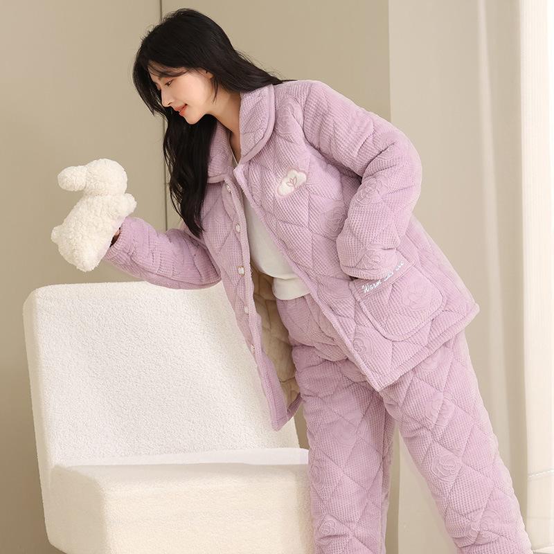 Thickened And Velvet Three-Layer Padded Pajamas Women'S Winter Coral Fleece New Large-Size Loungewear Simple And Casual