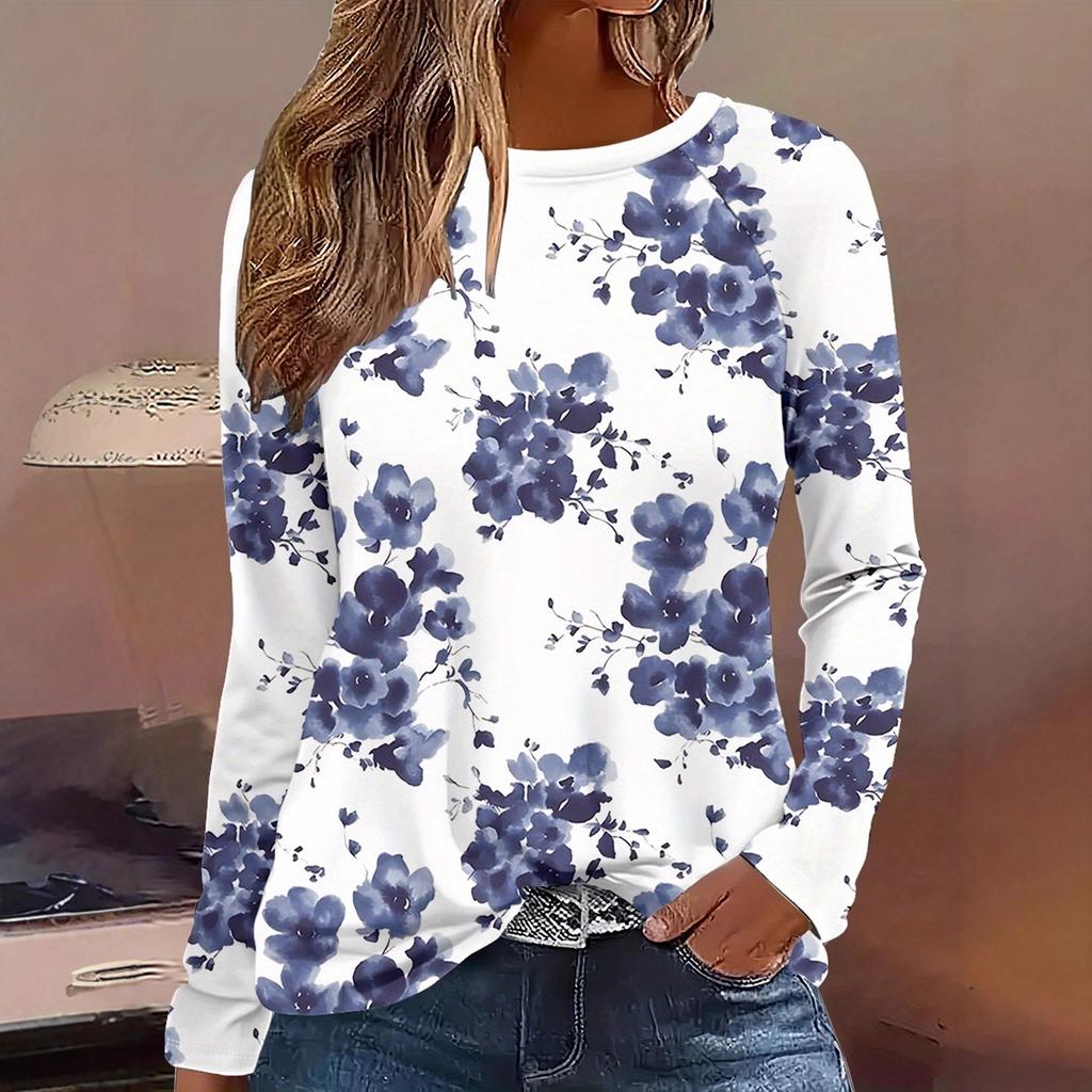 Round Neck 3D Flower Pattern Top Casual Long Sleeved Women's T-shirts - Soft Medium Stretch Polyester Fabric Spring and Autumn Relaxed Fit Clothing