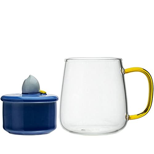 400ml Heat-resistant Glass Mug with Blue Wave-patterned Lid (with Diving Duck Decorative Handle) and Blue Lid Holder