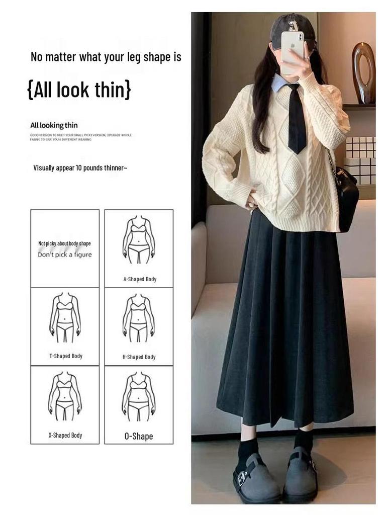 2026 Women's Petite High-Waisted Gray Wool Blend Pleated A-Line Skirt - Autumn Style