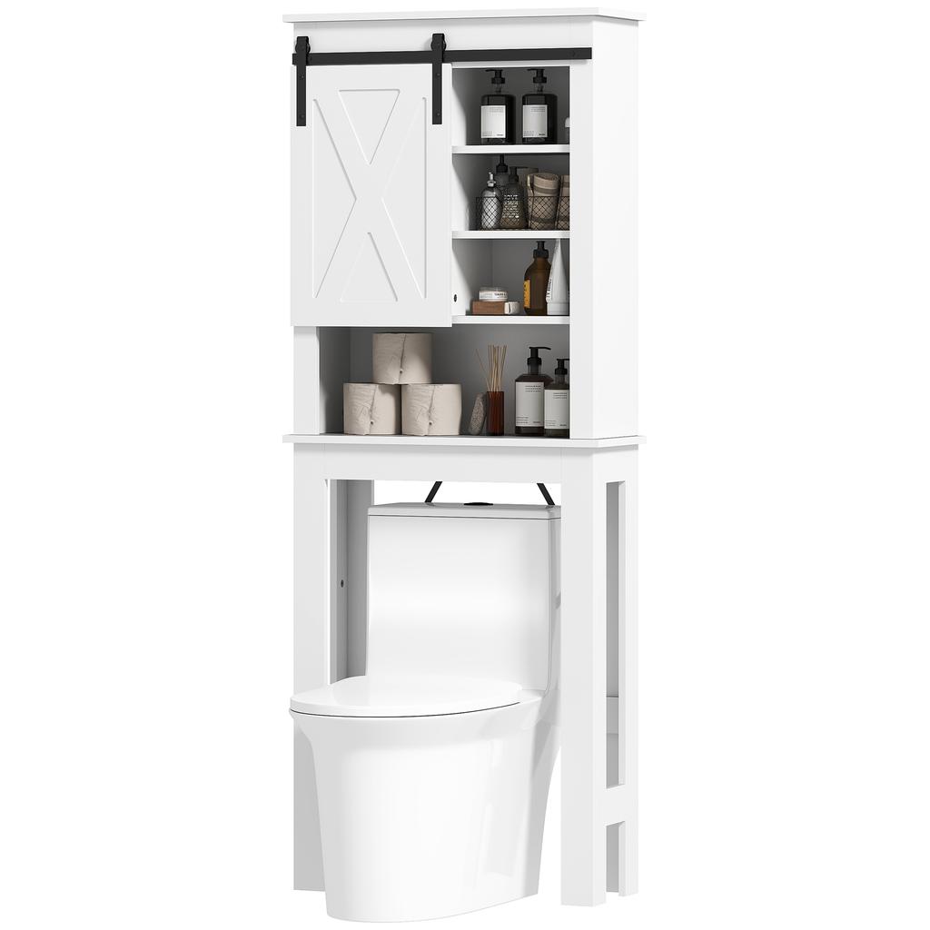 Meuble Wc Dessus De Toilette Avec Porte Coulissante Avec 6 Compartiments De Rangement Blanc