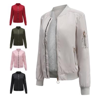 Women's Jacket Long Sleeves Zipper Side Pockets Casual Thin Bomber Jackets Autumn and Winter Outer Wear