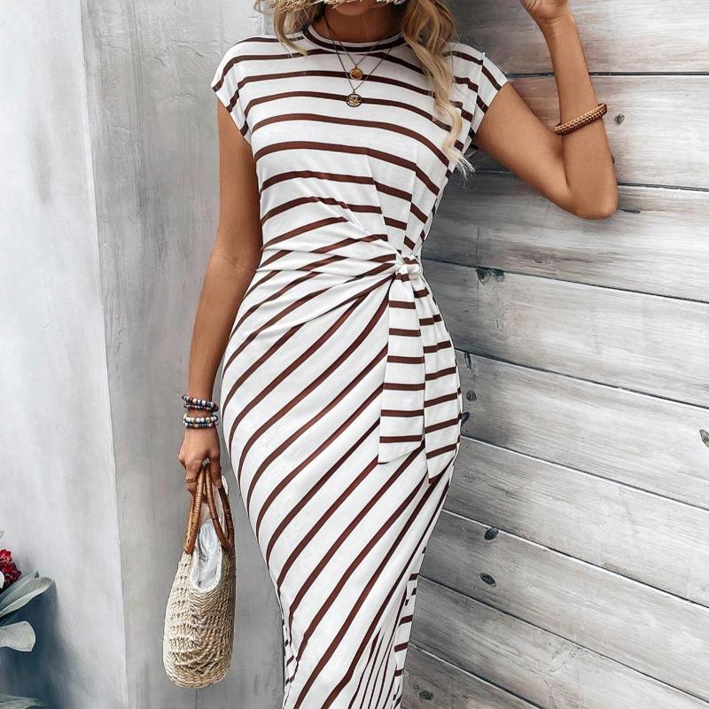 Sommer Damen Modisches und Elegantes Gestreiftes Rundhals Kurzarm Langes Kleid