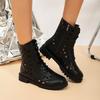 Fashion Spring New Cool Boots Women's Round Head Hollow Front Lacing Side Zipper Soft Sole Anti-slip Wear-resistant Low Heel Shoes