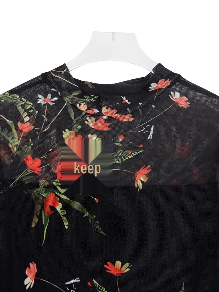 European Black Floral Ruffle Sleeve Dress