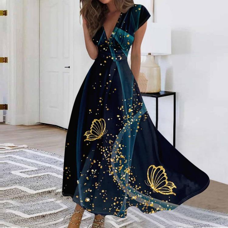 

Женское повседневное платье макси, длинное шифоновое платье с расклешенной юбкой, V-образным вырезом, короткими рукавами с оборками, для улицы, на каждый день, для свидания, зрелое элегантное платье S