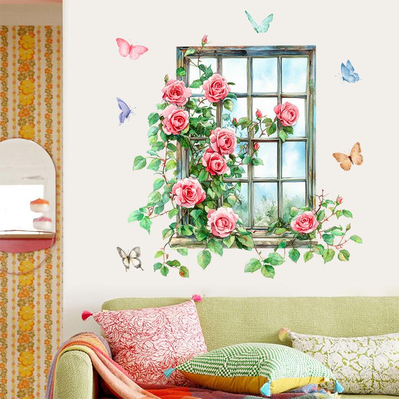 3D Fake Window Wall Sticker Self Adhesive Window Sill Flower Butterfly Decal for Living Room Bedroom Decoration Home Decor
