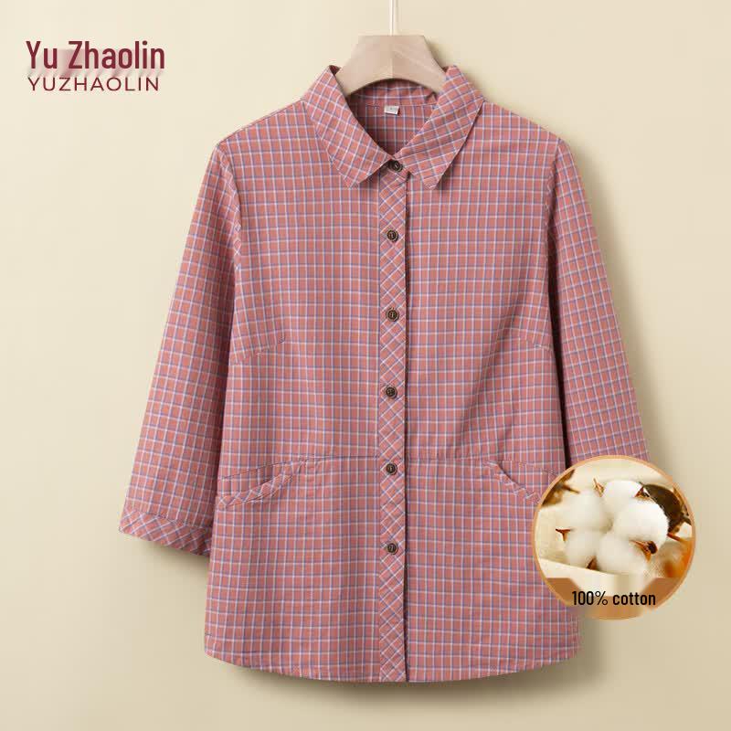 YUZHAOLIN Women s 100% Cotton Plaid Shirt 4XL