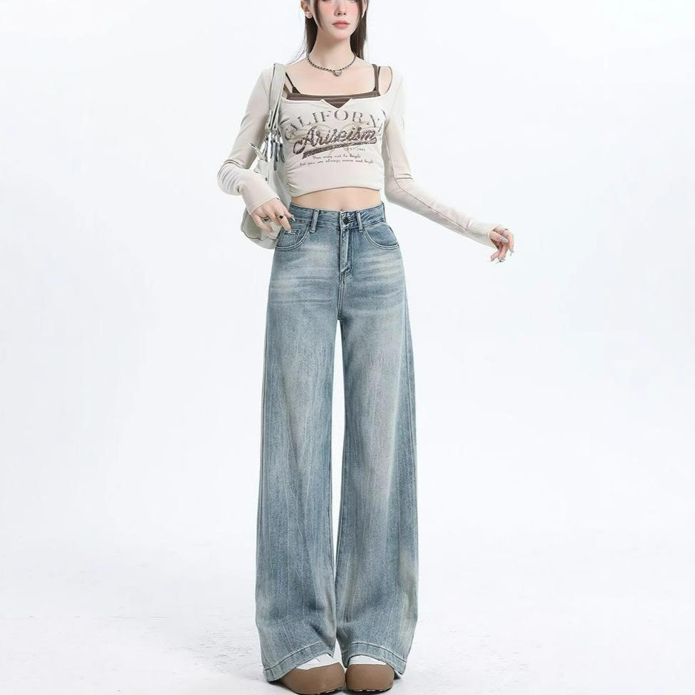 Vintage Wide-legged Jeans Women's Spring and Autumn High-waisted Loose Lethargy Wind Draping Not Sticking Straight Trailing Trousers Long Denim Pants