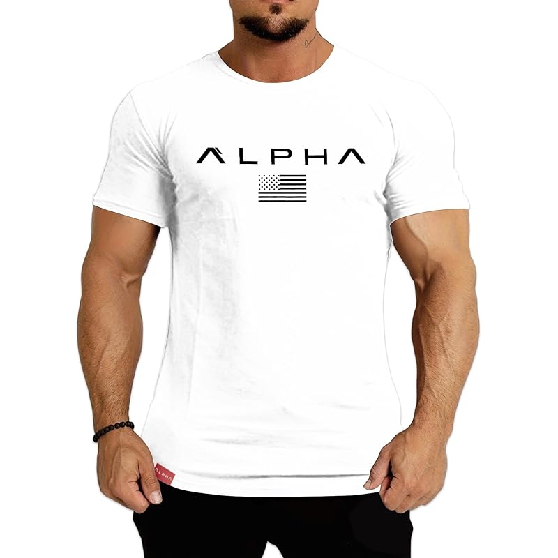 

[X-Jang] Gym t-shirt stretch short sleeve Slender fitness training muscle training sports Fashionable men s quick drying (JP, alphabet, M, white)