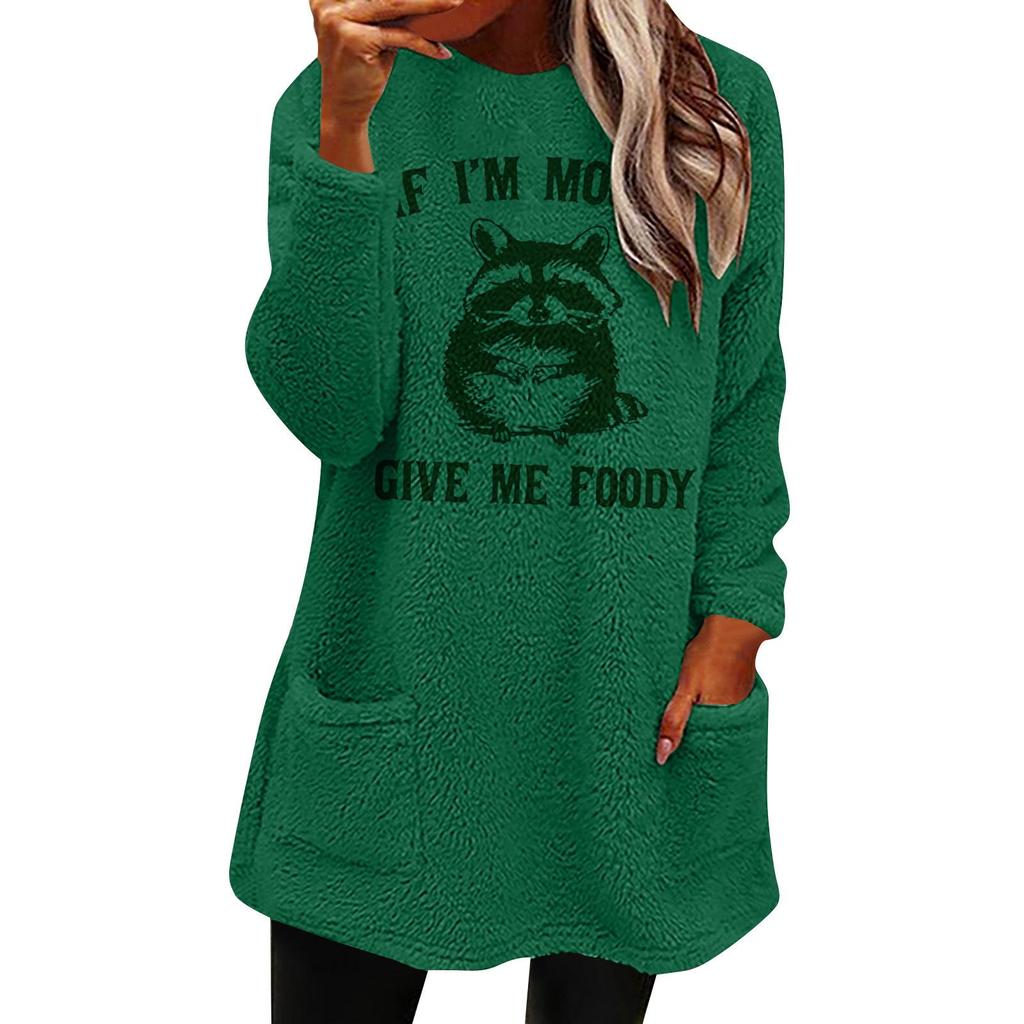 Autumn/Winter Women's European & American Printed Casual Loose Round Neck Long Sleeve Plush Hoodie with Pockets