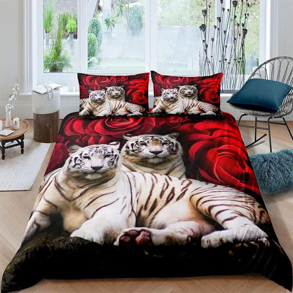 White Tiger Red Rose King Queen Duvet Cover Africa Big Cat Flower Bedding Set For Teen Adult Animal 2/3pcs Quilt Cover