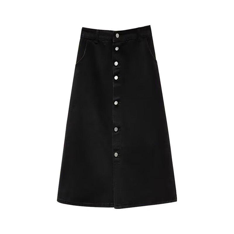 2024 Summer Black High-Waist Denim A-Line Skirt for Women - Available In Large & Small Sizes