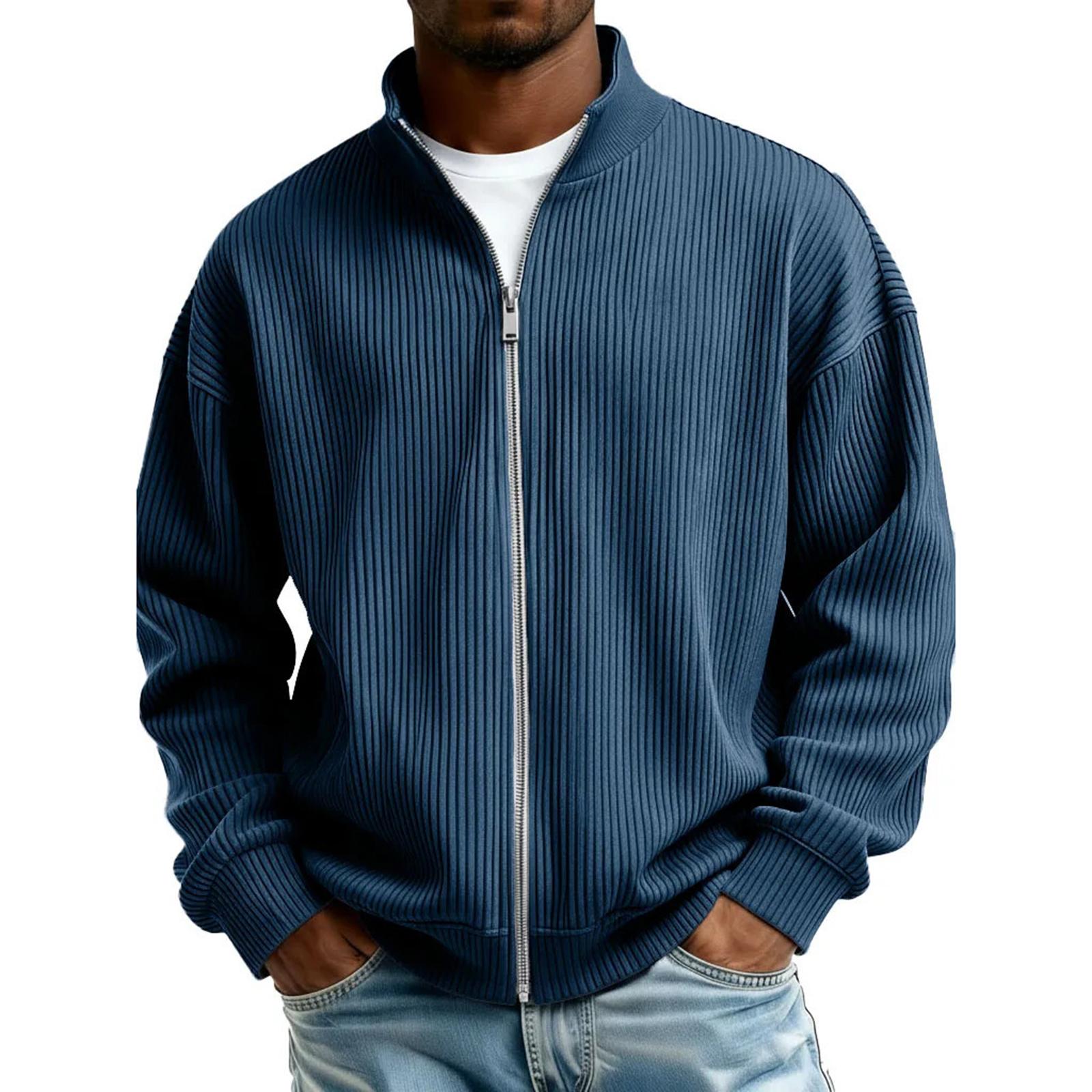 Мужская повседневная футболка на молнии с длинным рукавом, свободного кроя, осенняя мода, стандартной посадки, кардиган XL тёмно-синий