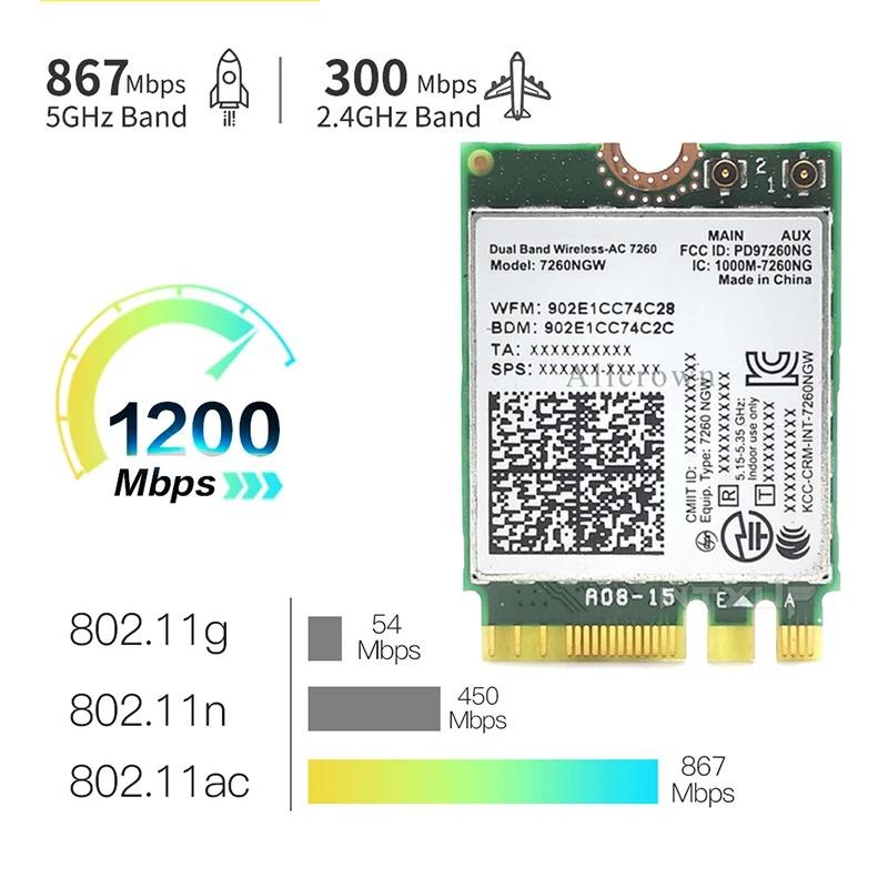 7260NGW M.2 Беспроводная карта Wi-Fi 1200 Мбит/с Двухдиапазонная 2,4 ГГц 5 ГГц Bluetooth 4.0 Адаптерная карта 802.11AC с антенной для ноутбуков, настольных ПК
