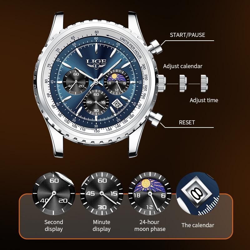 LIGE Luxury Men's Quartz Watch Casual Leather Chronograph Waterproof Sport Business Date Display Men's Wristwatch Clock