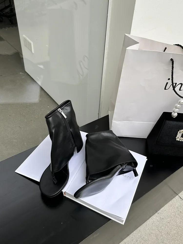 Eilyken New Design Round Clip Toe Low Heels Woman Boot Sandals Fashion Zipper Banquet Dress Shoes Flip Flops Ankle Booties