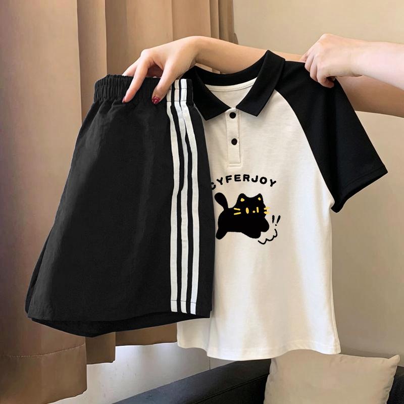 Korean Style Girls' Patchwork Lapel T-shirt & Shorts Set – Trendy Summer Two-Piece for Kids