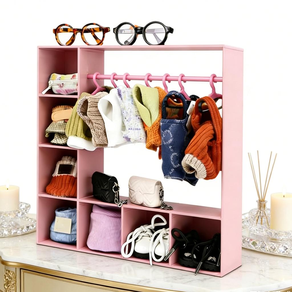 Doll Clothes Closet Wardrobe with 10 Hangers Doll Accessories Display Box Figures Clothing Storage Cabinet
