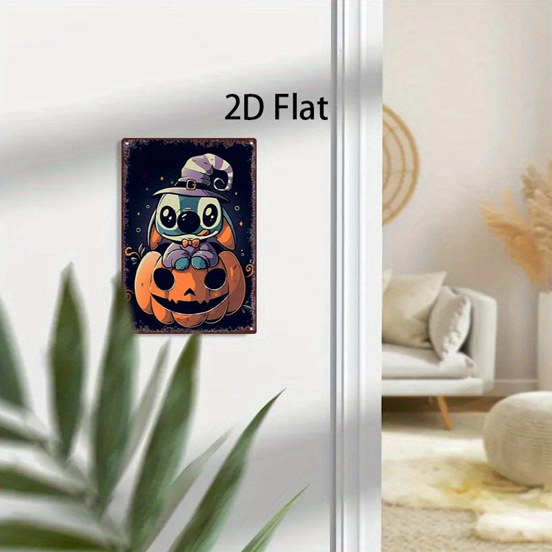 [2D Flat] 1pc Vintage Metal Sign - Stitch as a Witch on a Halloween Pumpkin, 2D Flat Design, Cute Cartoon Wall Art Decor for Hal