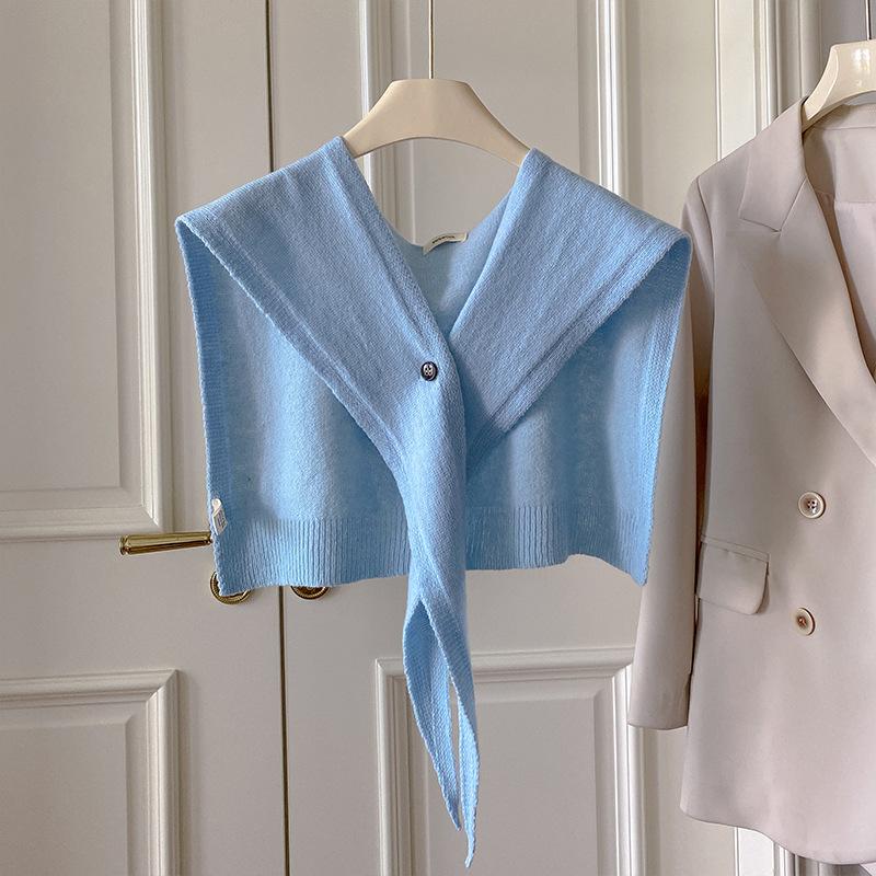 

Шерстяная вязаная шаль Зимняя теплая однотонная защита шеи с воротником Вязаный тонкий плащ с узлами Треугольный шарф для женщин Модный шарф One Size