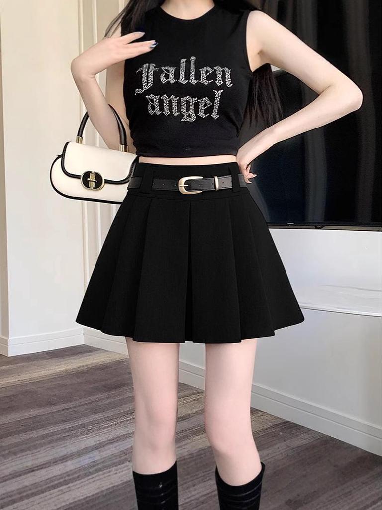 2025 Gray High-Waisted Academy Style Petite Pleated Summer Skirt