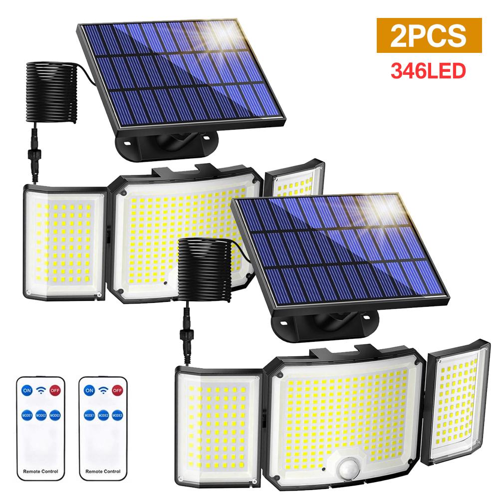 Lampă Solară cu 346 LED-uri pentru Exterior, Senzor de Mișcare, Proiectoare Solare cu Telecomandă, IP65 Rezistent la Apă, Lumini de Securitate pentru Exterior