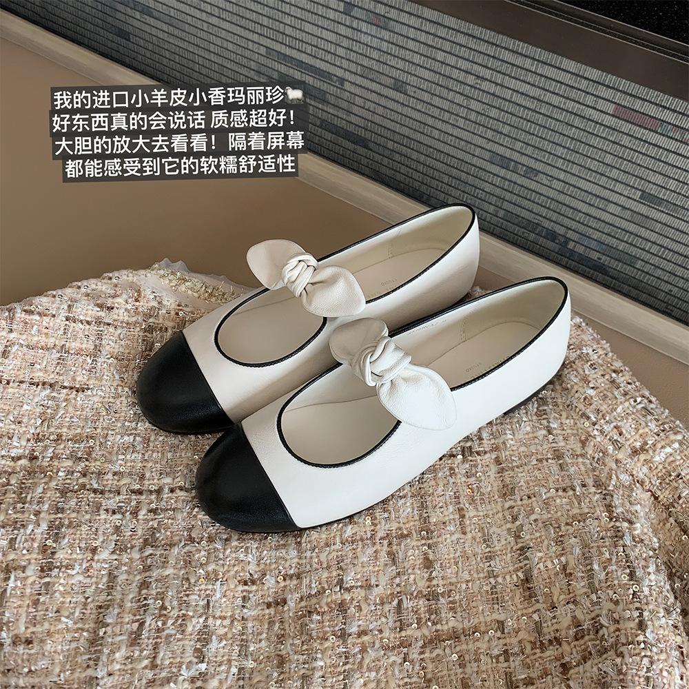 Sheepskin version of the same style, Princess Nini, Xiaoxiangfeng, round head bow, ballet shoes, single shoes, women's Mary Jane shoes