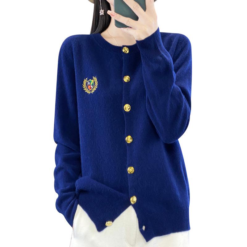 100% Wool Women's Embroidered Knit Cardigan - Spring Long Sleeve, Versatile, Thin, Solid Color
