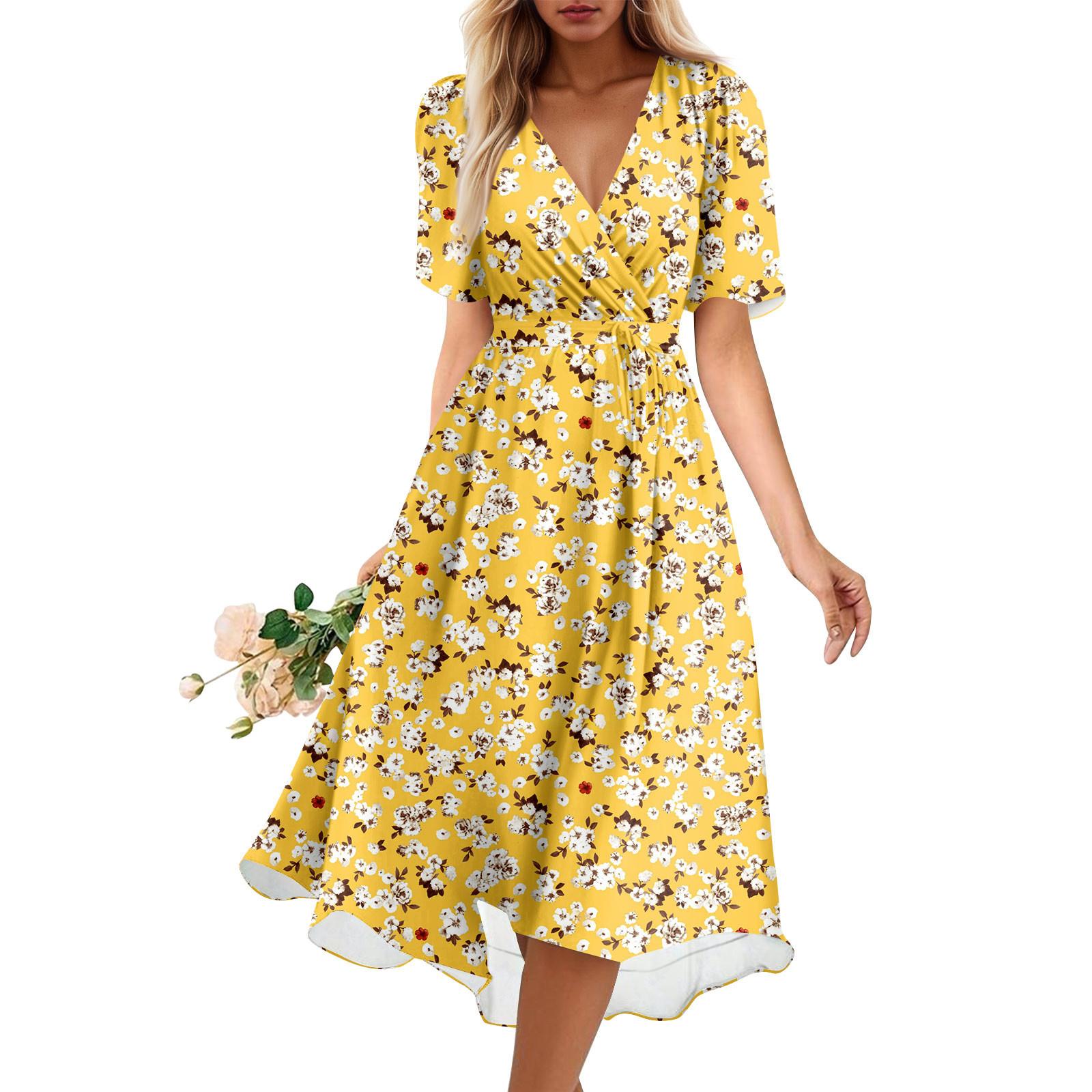 

Женское летнее свободное платье с V-образным вырезом и коротким рукавом, элегантное платье XL жёлтый