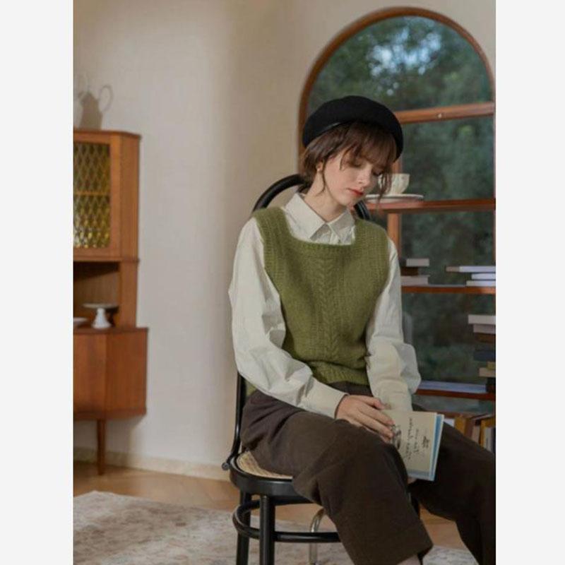 Square Collar Sweater Vest Ladies French Vintage Twisted Knitted Vests Women Autumn Winter Casual Slim Pullovers Vests