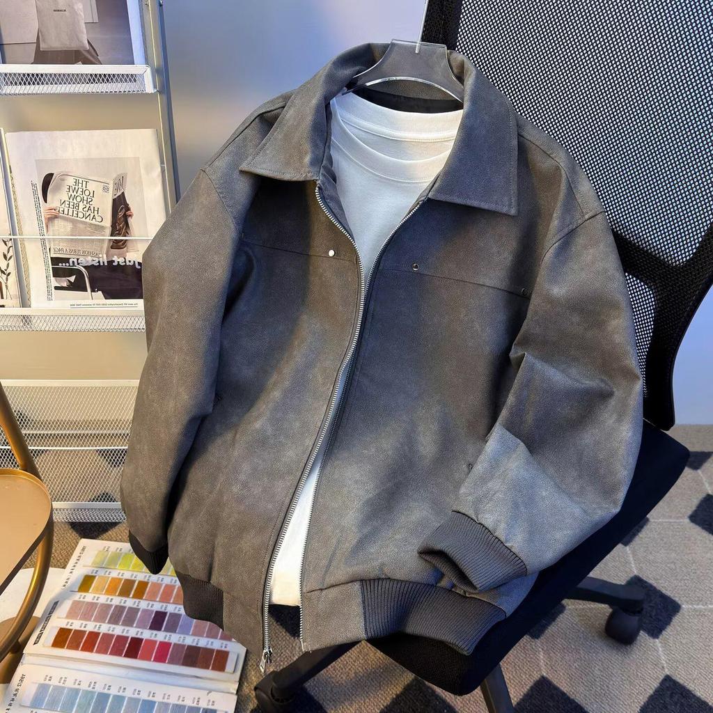 Men's Trendy Retro Brown Leather Baseball Jacket - Suede, Short, Roguish Style for Spring/Autumn