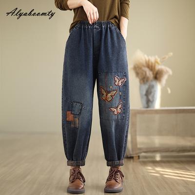 Koreaanse mode herfst winter vrouwen harem jeans elastische taille borduurwerk vlinder casual losse denim broek vintage all-match jeans met zakken