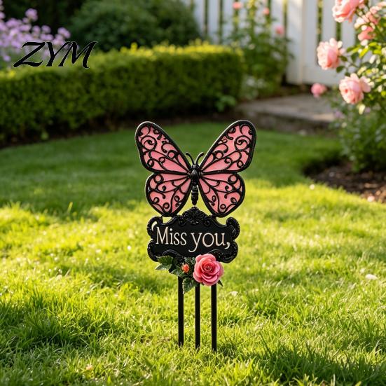 Memorial Garden Stake Butterfly Stake, Miss You Sign, Pink Weather Resistant Yard Art Rose for Lawn Courtyard Cemetery Decoration Commemorative Sign