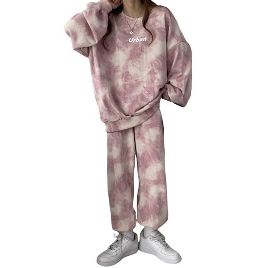 2 stk/sett Kvinner Høst Vinter Tie Dye Print Uformelt sportstøy O-hals Langermet Pullover Overdeler Loose Fit Langbuksesett