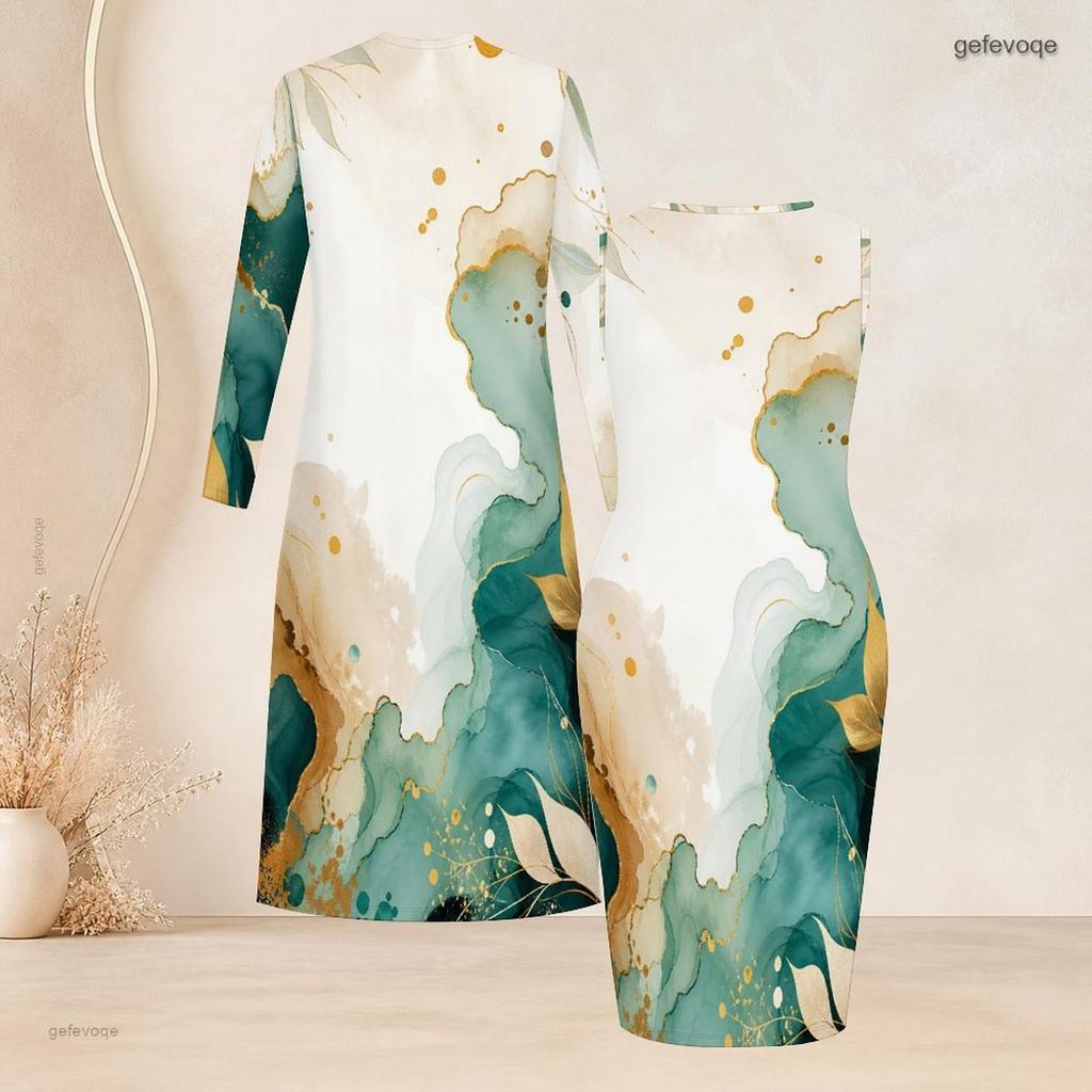 Women Plus Size Two Piece Set Long Sleeve Open Front Cardigan Round Neck Sleeveless Bodycon Dress Blue Black Gold Printed