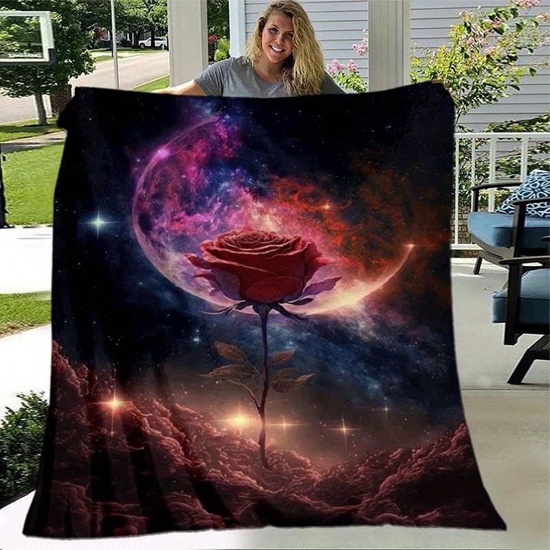 1pc Rose Universe Printing Lightweight Flannel Blanket, Comfortable and Warm Blanket, for Camping Sofa Bed and Couch Office, Gift