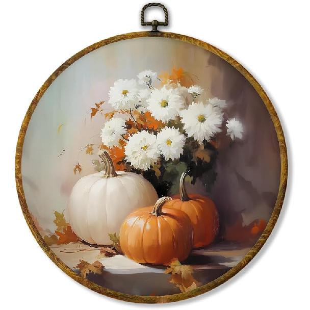 shiviody Fall Halloween Pumpkin Canvas Wall Art Decor, Autumn Halloween Hat Wall Art, Dark Moody Thanksgiving Round Hanging Frame Prints Decorations