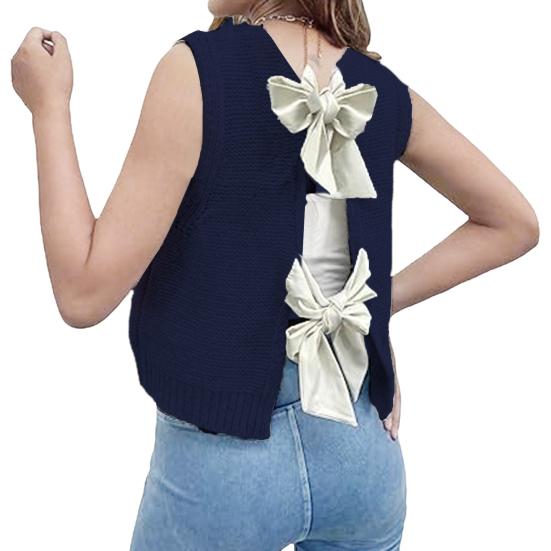 Women Knitted Vest Round Neck Sleeveless Crop Tank Bow Tie Decor Hollow