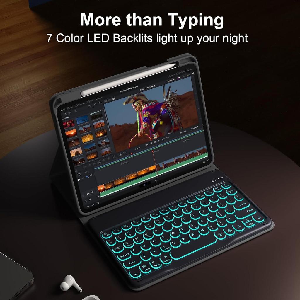 10.2" iPad A16 Protective Case with Bluetooth Keyboard and Magnetic Pen Slot, Backlit for Pro 11, 10th Gen.