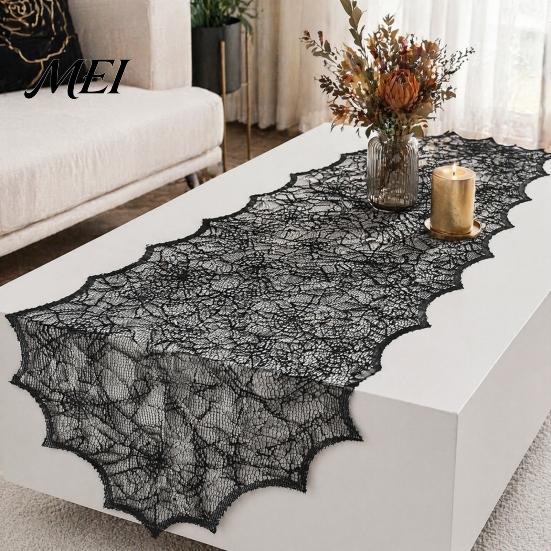 Breathable Lace Fabric Spider Web Table Runner, Black Gothic Festival Theme Mat Cobweb Runner for Halloween Dining Decoration