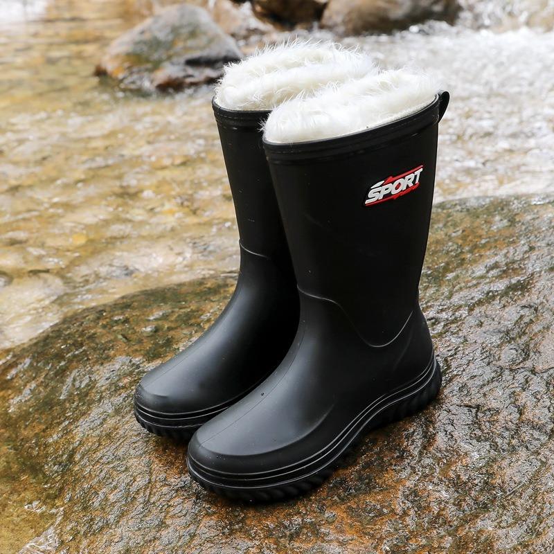 Rain Boots Men's Medium Tube Fashion Outdoor Waterproof and Non-slip Thickened Rain Shoes Fishing Water Shoes Velvet Thermal Rubber Shoes Water Boots