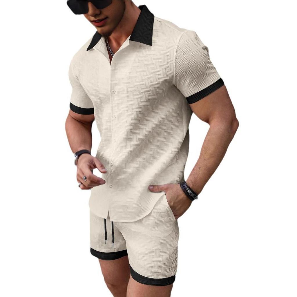 Set da Spiaggia da Uomo Camicia Casual a Blocchi di Colore Maniche Corte Pantaloncini
