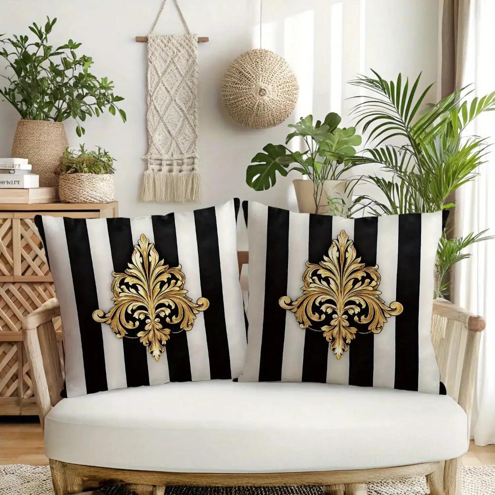 2PCS Baroque Style Luxury Striped Single-sided Pillowcase Gold Floral Pattern Zipper Decorative Cushion Cover for Sofa