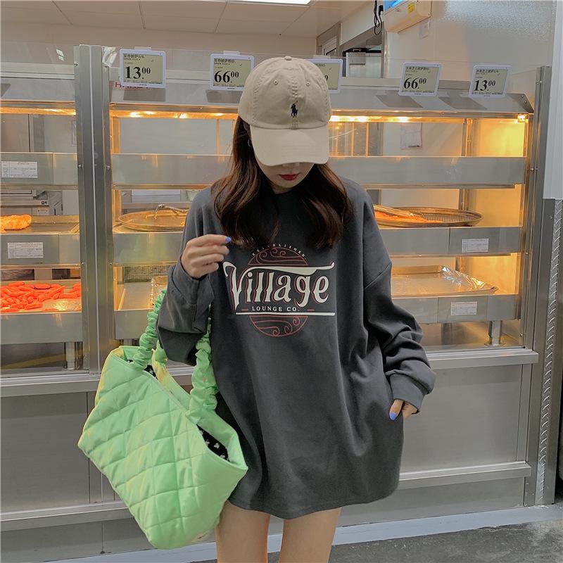 Cotton Mid-length Versatile Loose Round Neck Sweatshirt for Women In Autumn and Winter Thin Top Base Shirt Long Sleeve T-shirt for Women